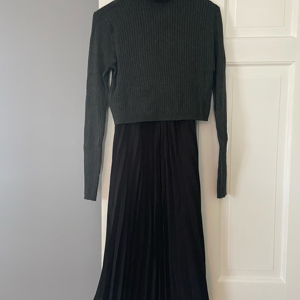 Seraphine Maternity Ribbed Turtleneck Sweater Dress with Chiffon Pleated Skirt